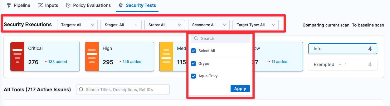 Click on a tile to filter issues by severity